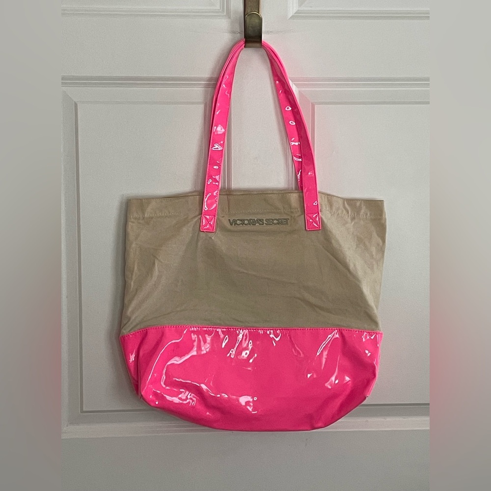 Victoria’s Secret Y2K Beige Canvas Hot Pink Patent Tote Beach Shopper Bag